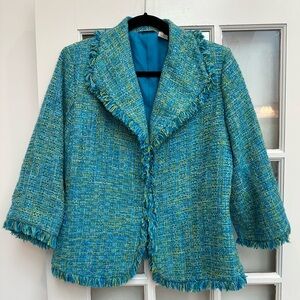 Laura Ashley Elegant Teal Turquoise Fringe Frayed Tweed Blazer Jacket Size M